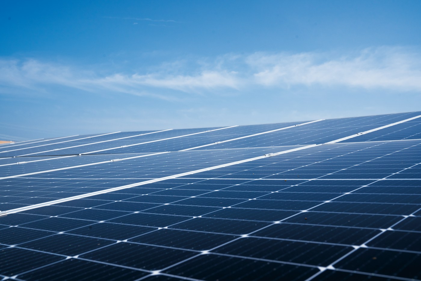 Solar panels beneath a clear blue sky